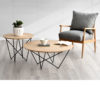 Mesa de centro o rincón de estilo nórdico de Kanem Mobiliario, con patas metal grafito y tapa de madera de roble.